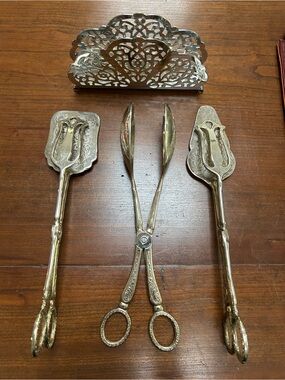 3 piece Silver-Plated Ornate Serving Tongs, salad spoon and pie/cake Server Set